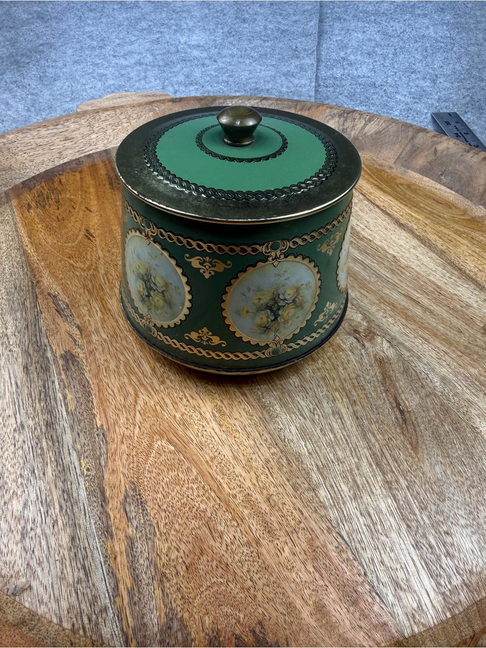 Cottagecore Vintage Meister Brazil Green Gold Floral Trinket Tin